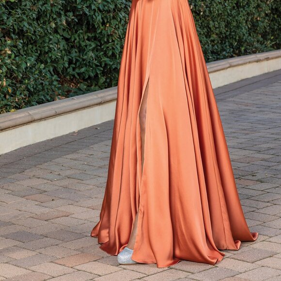 New A-Line Satin Graduation Dress w/ Illusion Plunging Neck & V-Back DQ 4304A - Picture 5 of 8